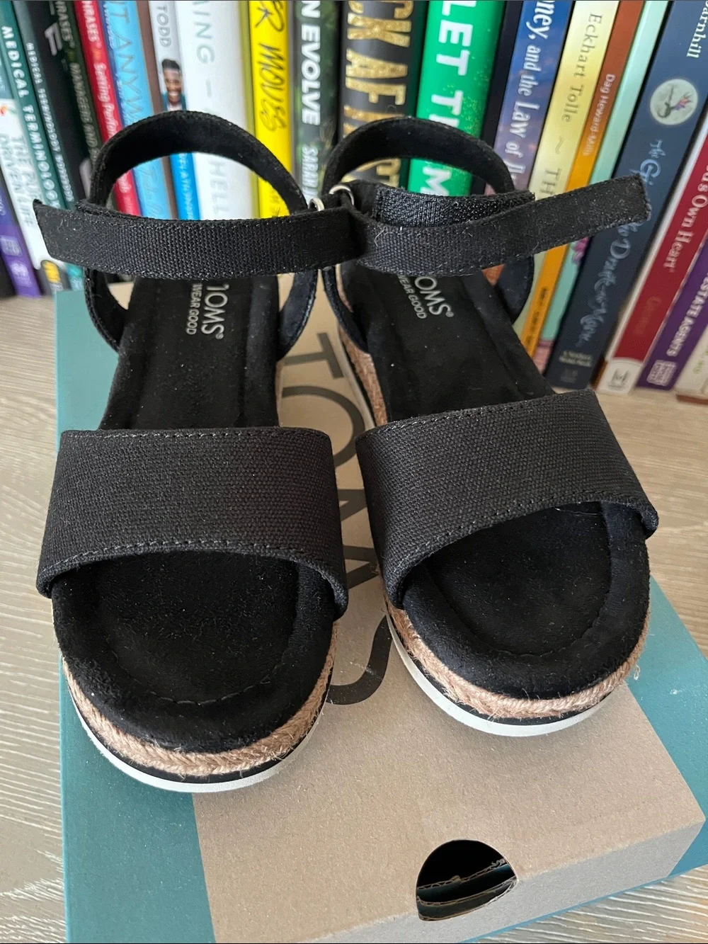 TOMS Black Espadrille Platform Sandals with Jute Midsole